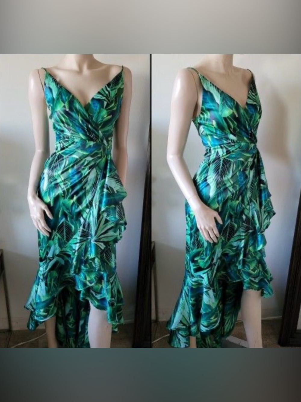 AKIRA Green Tropical Leaf High-Low Wrap Dress